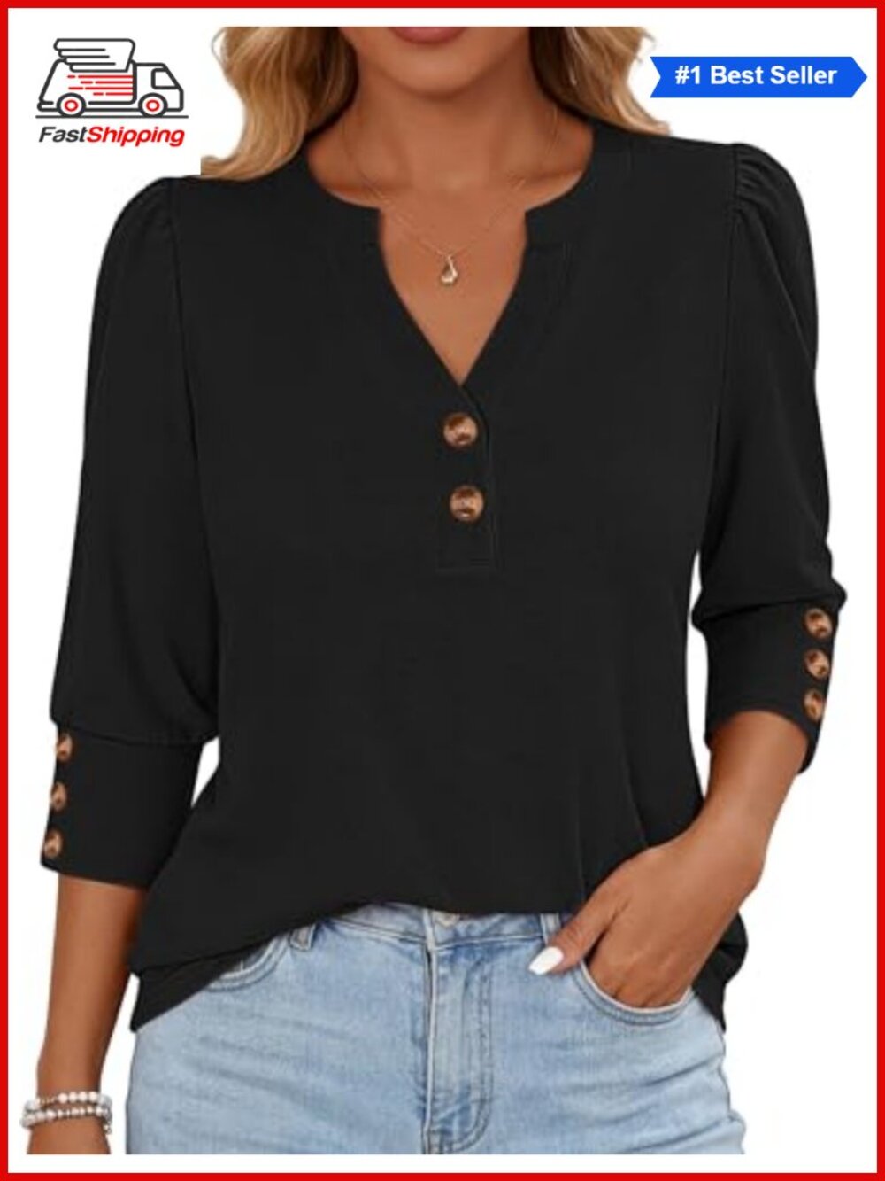 Women's 3/4 Sleeve Henley Blouse Loose Fit V Neck Button Tunic Top